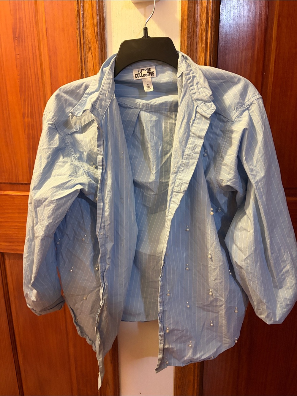 Womens Light Blue Striped Pearl-Accent Button-Down Shirt Size Medium Target